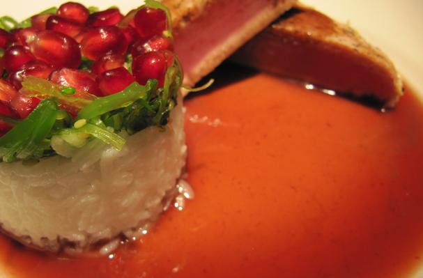 Image of Seared Ahi Tuna With A Pomegranate Reduction Sauce And Goma Wakame Pom Salad, Foodista